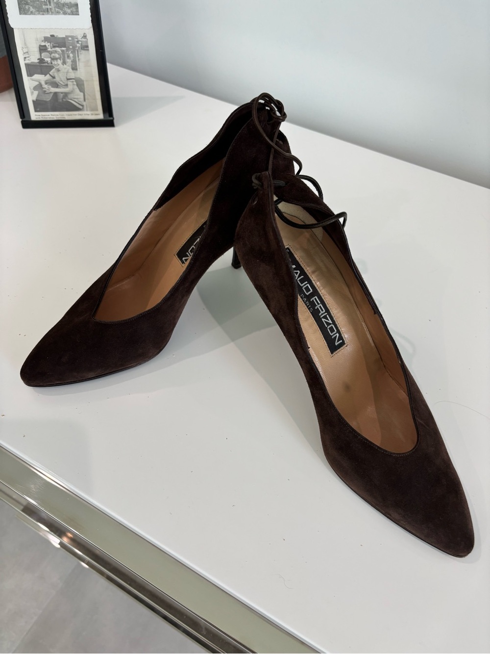 MAUD FRIZON Dark Brown Suede Pointed-Toe Lace-Up Pumps